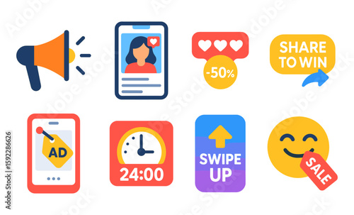Colorful social media and marketing icons with smartphone and sale elements