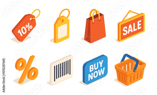 Isometric shopping icons: sale, discount, basket, tags, barcode, percent symbols