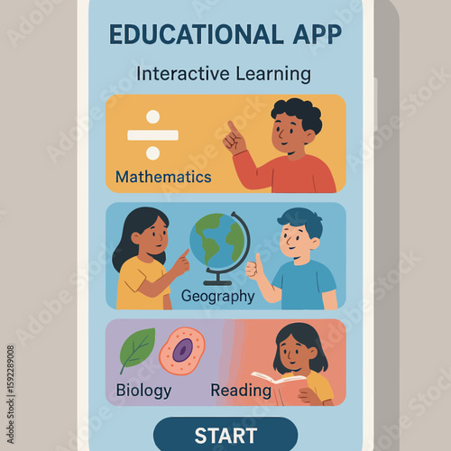 Flat Illustration Educational Mobile App Interface with Mathematics, Geography, Biology, Reading