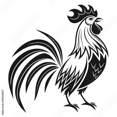 Stylized black rooster silhouette isolated on white background
