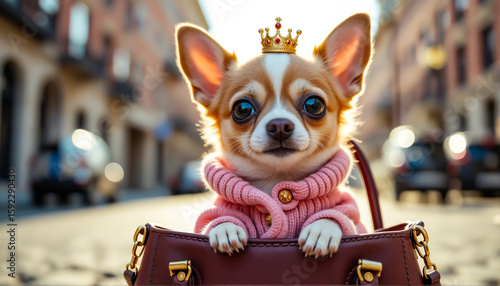A curious little dog in fashion clothes sits in a modern bag with soft light