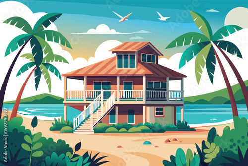 Tropical beach house with palm trees and ocean view