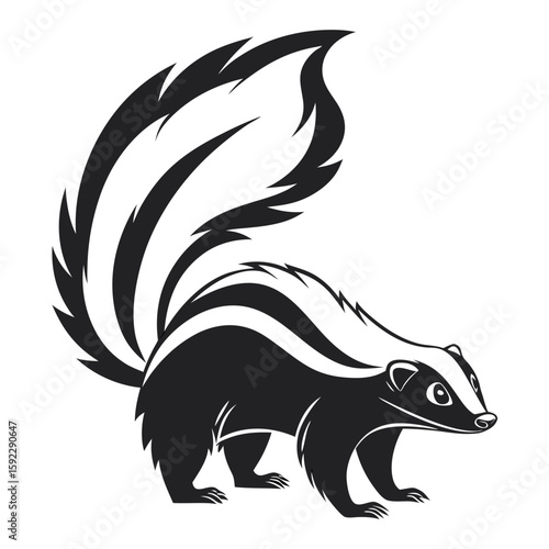 A cute cartoon skunk with a bushy tail stands on white