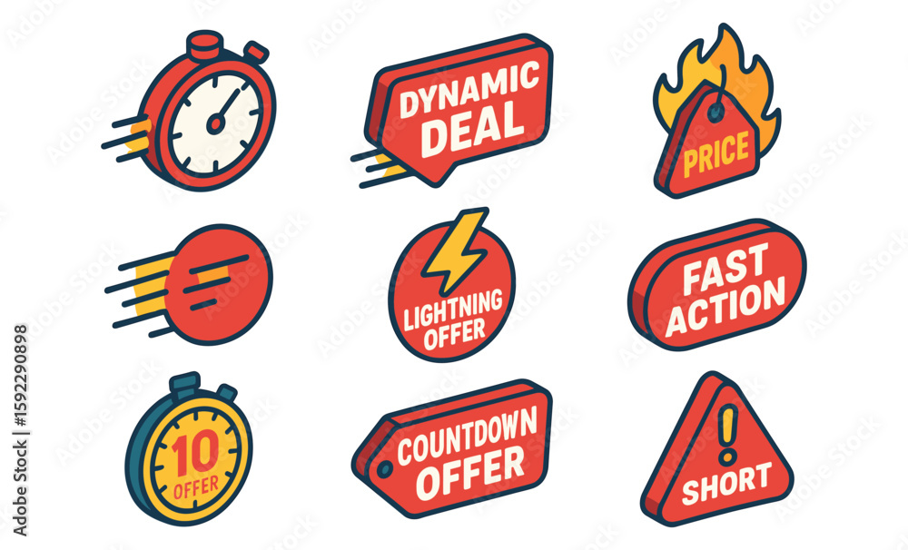 Obraz premium Dynamic deal icons set with price and offer graphics in red and yellow