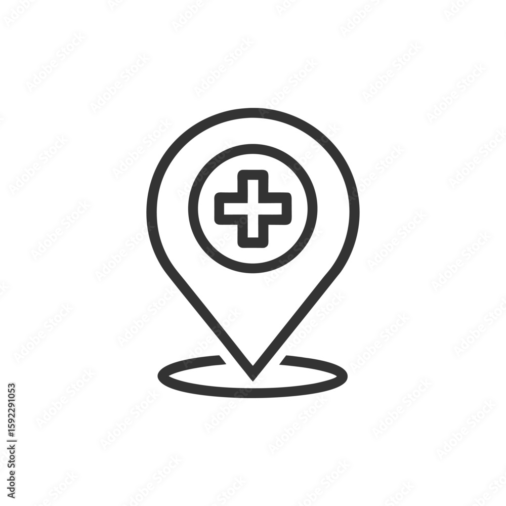 Fototapeta premium Medical location pin icon with a plus symbol isolated on a white background