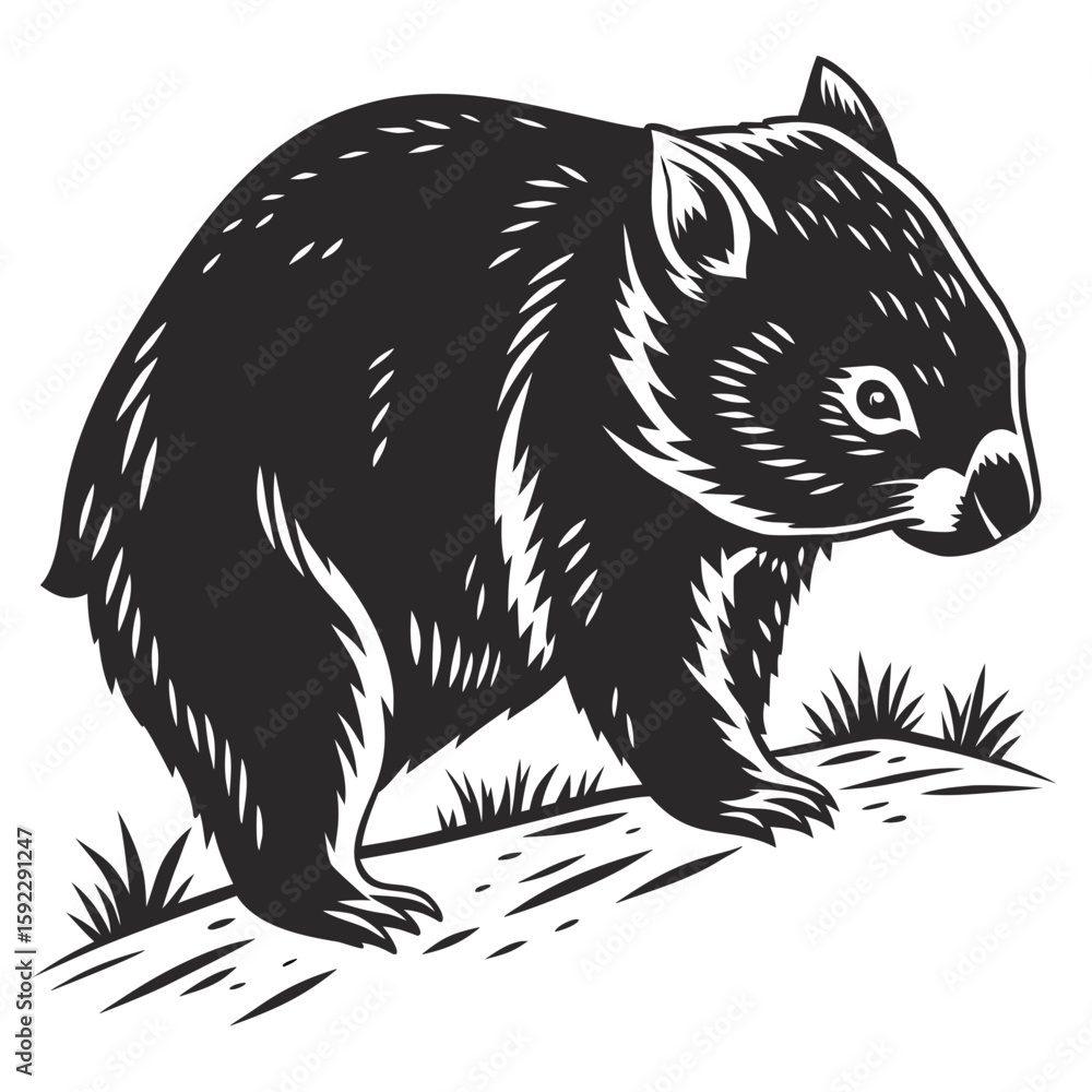 Obraz premium Stylized wombat walking on grassy ground, black and white illustration