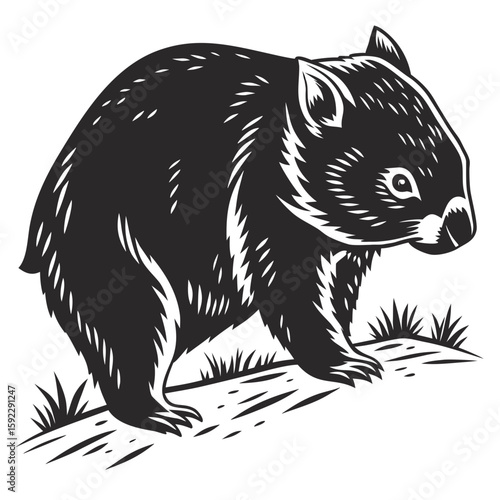 Stylized wombat walking on grassy ground, black and white illustration