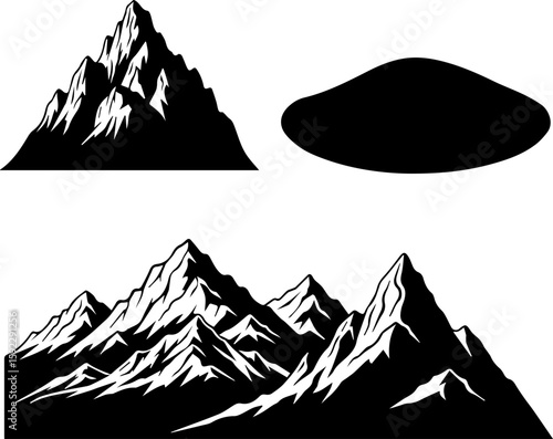 Stylized black and white mountain silhouettes for design projects