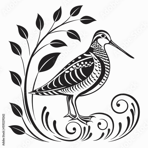 Decorative illustration of a shorebird with leaves and swirls