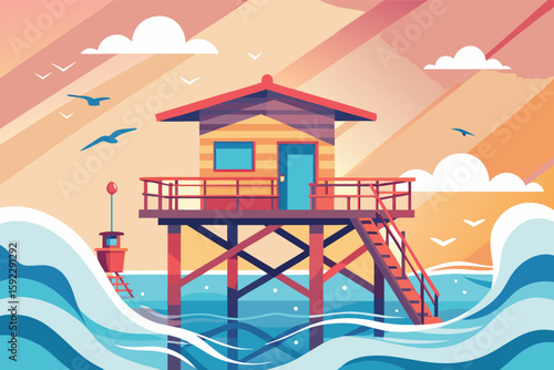 Vibrant beach lifeguard tower at sunset