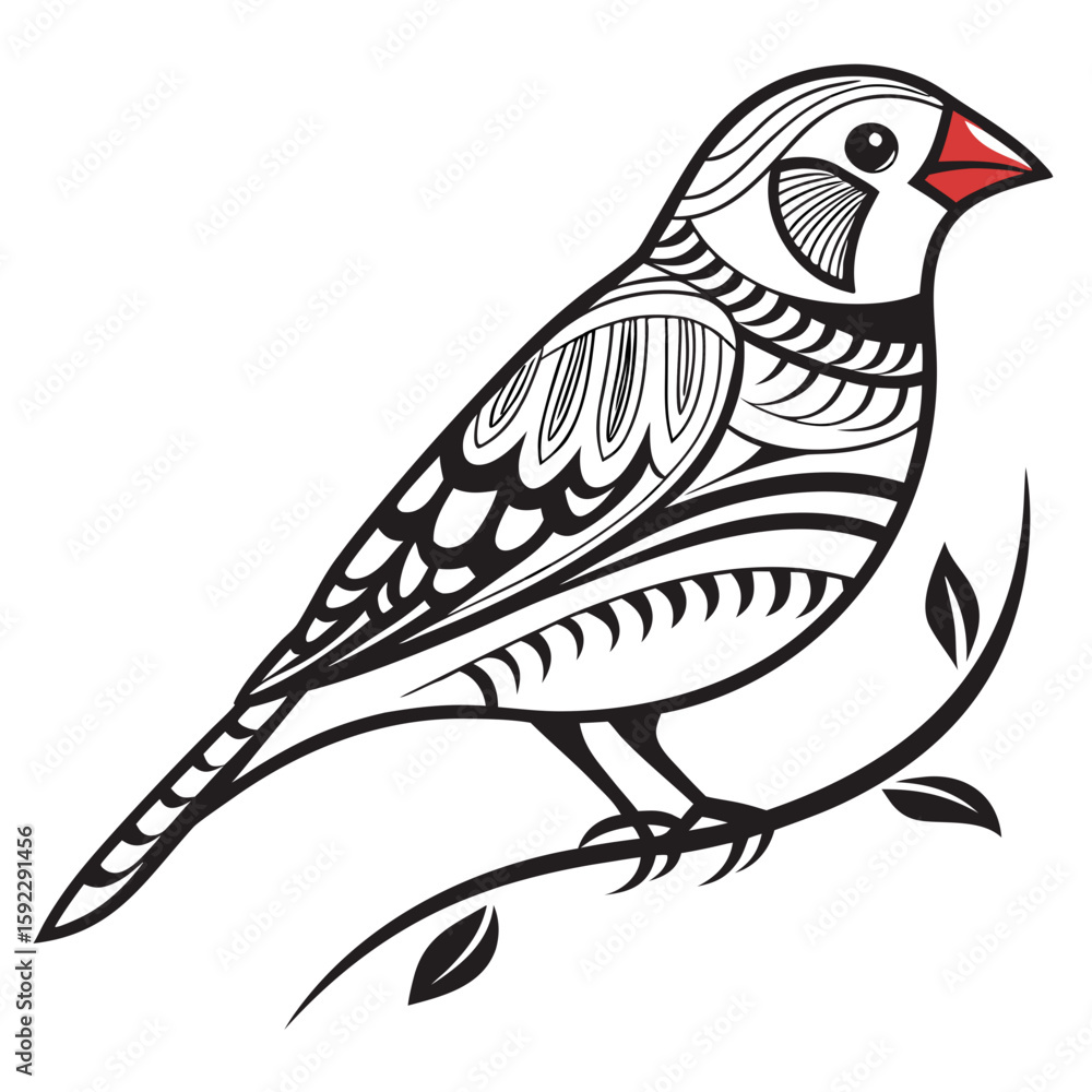 Obraz premium Ornate zebra finch perched on a branch with leaves