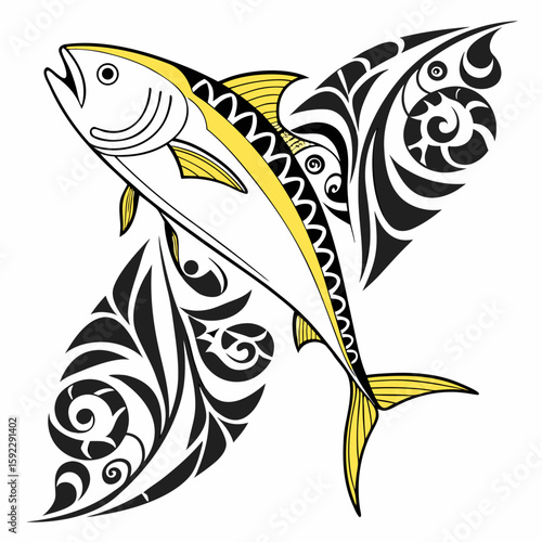 A tuna fish with tribal maoriinspired patterns