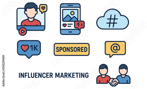 Influencer marketing icons featuring social media engagement and sponsorship elements