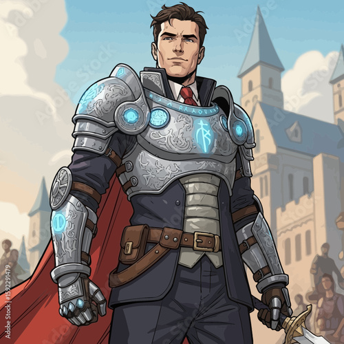 A valiant leader in a suit and powered armor, a heroic fusion of modern business and ancient chivalry.