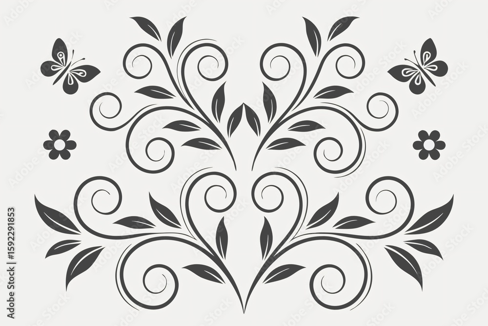 Elegant black and white floral swirls leaves butterflies Elegant black and white floral swirls leaves butterflies