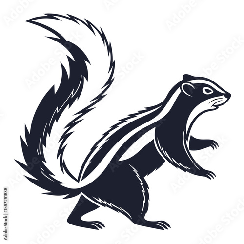 A stylized black and white skunk with a bushy tail