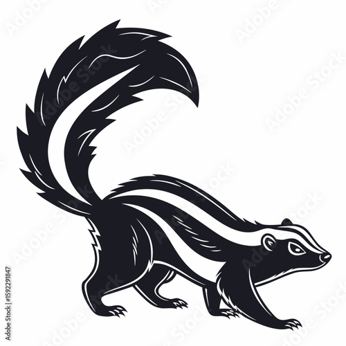 A stylized skunk with a bushy tail isolated on white background