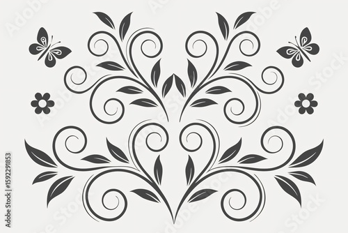 Elegant black and white floral swirls leaves butterflies