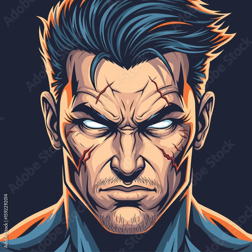 Fierce comic book character with a determined expression, glowing eyes, and a scarred face in a dynamic graphic novel art style.