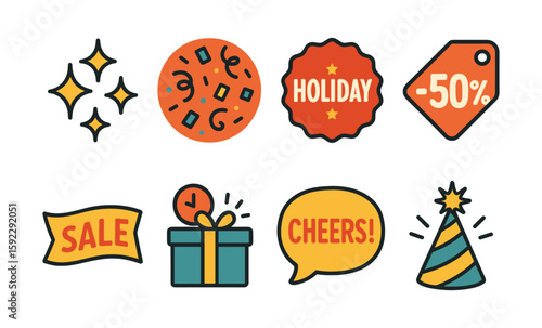 Festive icons: holiday celebration sale gift tag and party elements