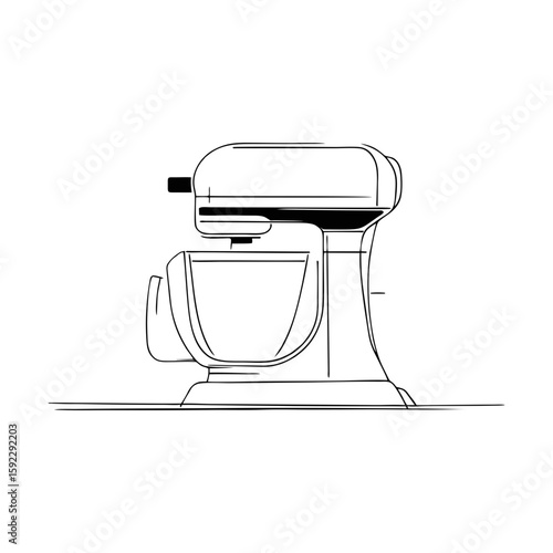 Side view of electric stand food mixer in clean doodle sketch style, kitchen appliance outline with mixing bowl for baking, culinary blogs, or kitchenware ads on transparent background.