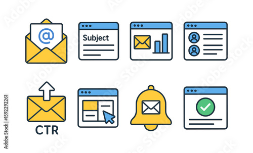 Icons illustrating email marketing elements for effective digital campaigns