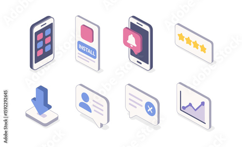 Isometric icons representing mobile app features and user interface elements