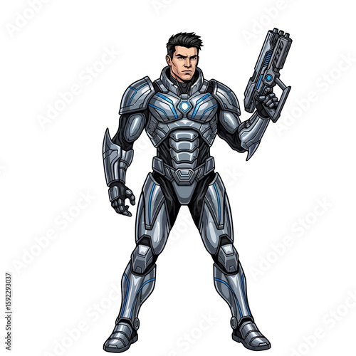 Futuristic soldier character illustration in advanced combat armor holding a blaster gun. Sci-fi warrior concept art isolated.