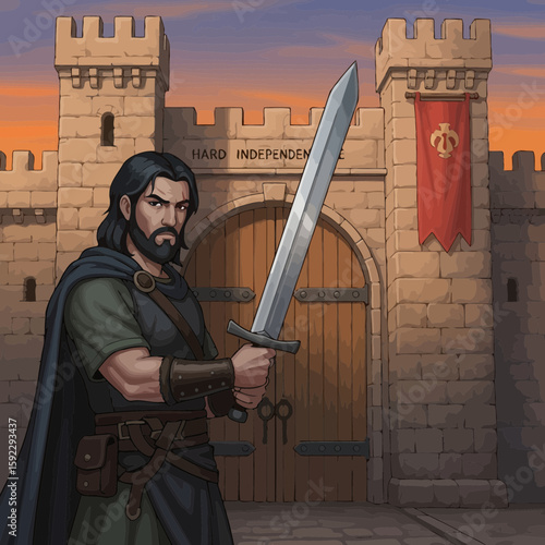 Guardian of the Citadel: A determined warrior, brandishing a gleaming sword, stands resolute before a formidable fortress entrance, embodying strength and defense.