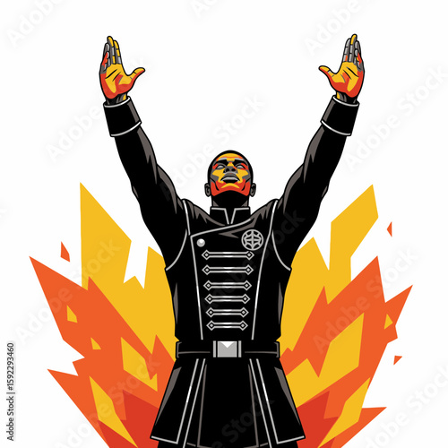 Power and Authority: A striking illustration captures a commanding figure with outstretched arms against a backdrop of fiery energy, symbolizing leadership, strength, and control.