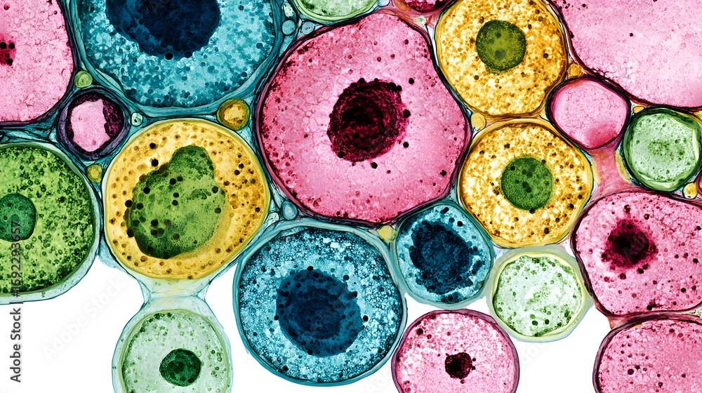 Fototapeta premium Macro shot of colorful dividing cells with vibrant detail and a softly blurred background. Concept: Cell biology, mitosis, microbiology, biotechnology, science, research.