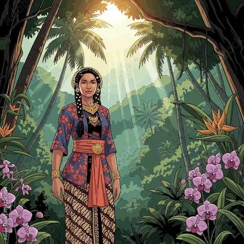 Woman Amidst Lush Verdant Oasis: An elegant person, a figure of cultural grace, is framed amidst an exuberant array of nature. Lush leaves, the graceful sway of a canopy.