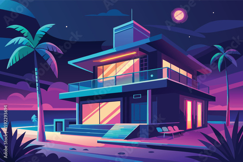 Vibrant neon beachfront villa at dusk