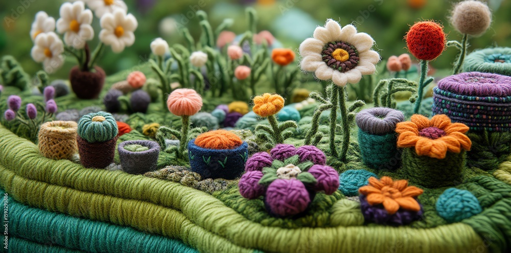 Fototapeta premium Colorful Handmade Felt Flower Garden with Bright Blooming Flowers and Green Foliage for Creative Craft and Decorative Use