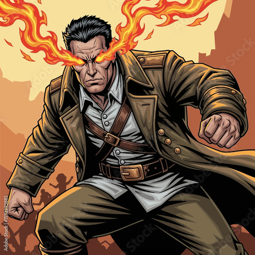 Fiery Gaze: A formidable character radiates power, his eyes ablaze with ethereal flames. This illustration showcases an intense expression, embodying determination and raw force.
