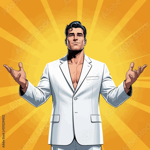 Divine Illumination: A charismatic figure in a crisp suit, radiating an aura of confidence and serenity, stands poised against a backdrop of golden light.