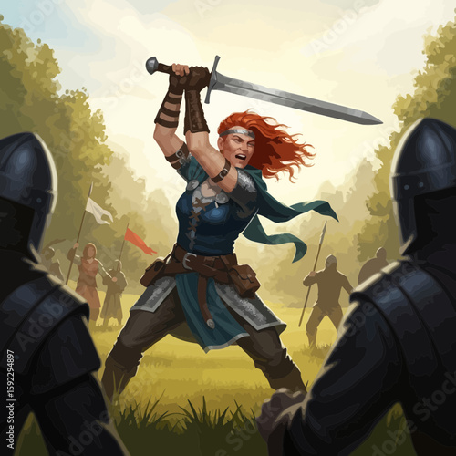 Heroic Strike: A fierce warrior in a historical battle scene, brandishing a sword with determined intensity. Surrounded by armored figures and amidst a historical battlefield