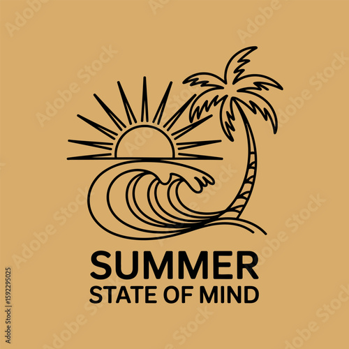 Outlined palm tree and wave sunset with bold summer state of mind label, perfect for tshirt or adventure themed printable poster  