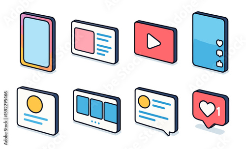 Colorful social media icons collection featuring likes and notifications