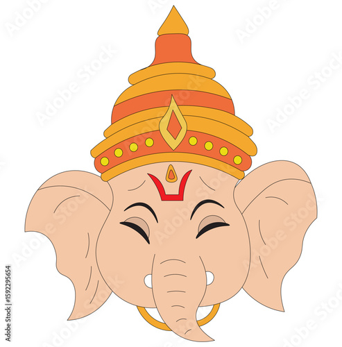 Vector illustration of Lord Ganesha face with traditional crown. Cute cartoon-style Ganesha head illustration for Hindu festival. Lord Ganpati face icon in flat vector design for Ganesh Chaturthi.