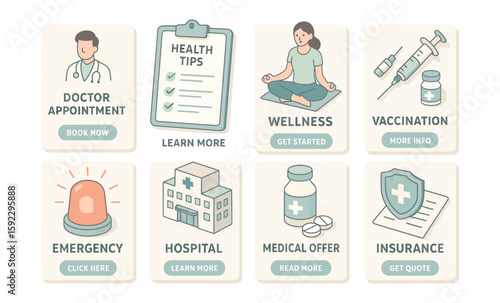 Healthcare services icons featuring doctor, wellness, vaccination, emergency, hospital, medication, insurance