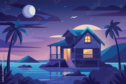 Tropical beach house at twilight with palm trees