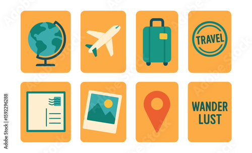 Travel icons featuring globe airplane luggage and wanderlust theme