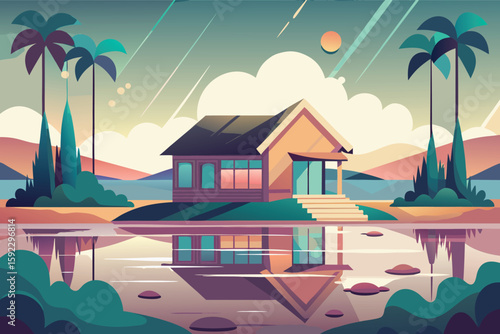 Tropical beachfront bungalow with palm trees and water reflection