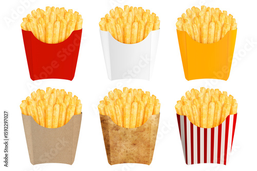 Konstfotografi French fries in various paper boxes isolated on transparent background