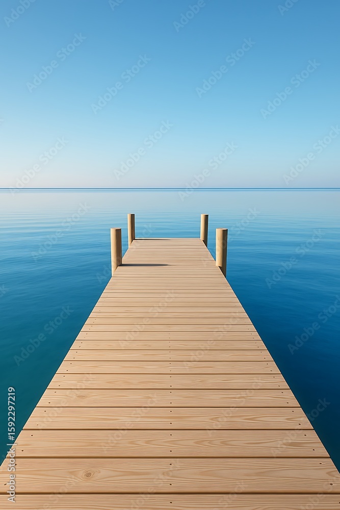 Fototapeta premium serene waterfront dock leading into tranquil ocean, endless horizon, calm sea, natures calm beauty