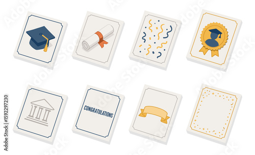 Graduation celebration cards with cap diploma and ribbon designs