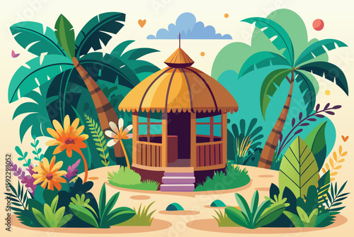Tropical paradise hut with lush foliage and flowers