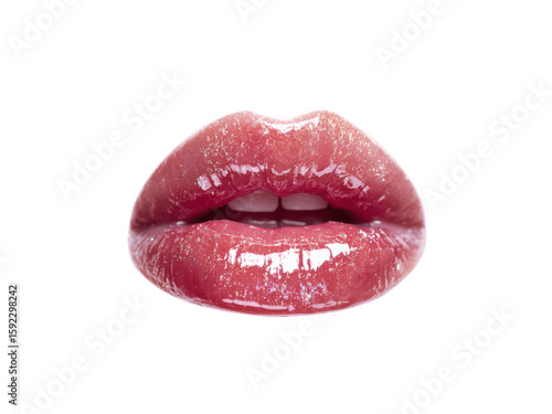 Glossy pink lips with subtle shimmer mouth, Isolated, Transparent Png