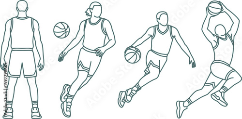 Basketball players vector line art illustration sports game outline drawing silhouette design dribble jump shoot pass, editable vector.